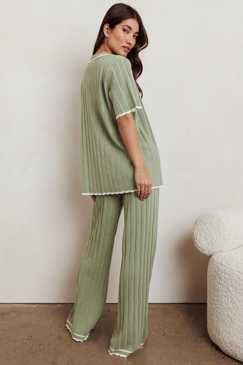Liloh Contrast Ribbed Wide Leg Pant Sage by Selfie Leslie Australia