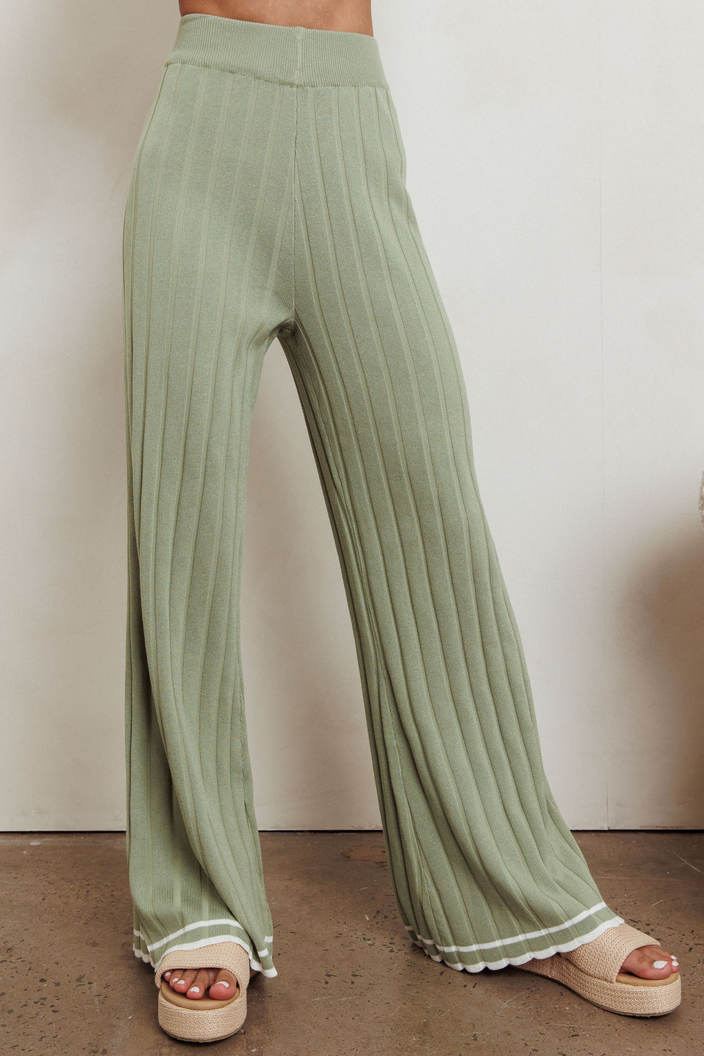 Liloh Contrast Ribbed Wide Leg Pant Sage by Selfie Leslie Australia