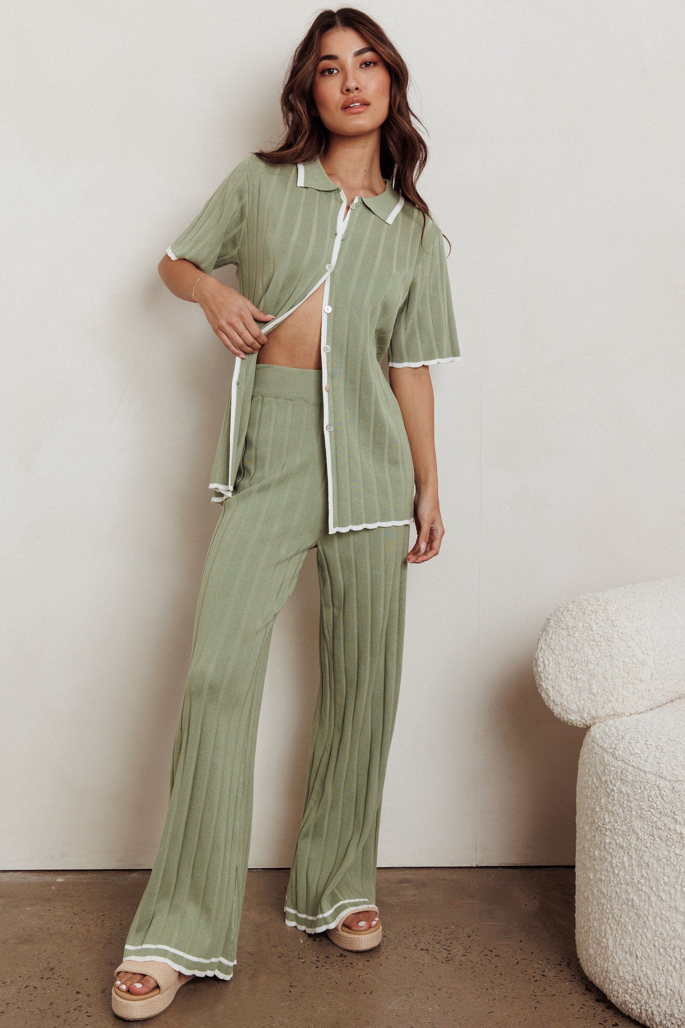 Liloh Contrast Ribbed Wide Leg Pant Sage by Selfie Leslie Australia