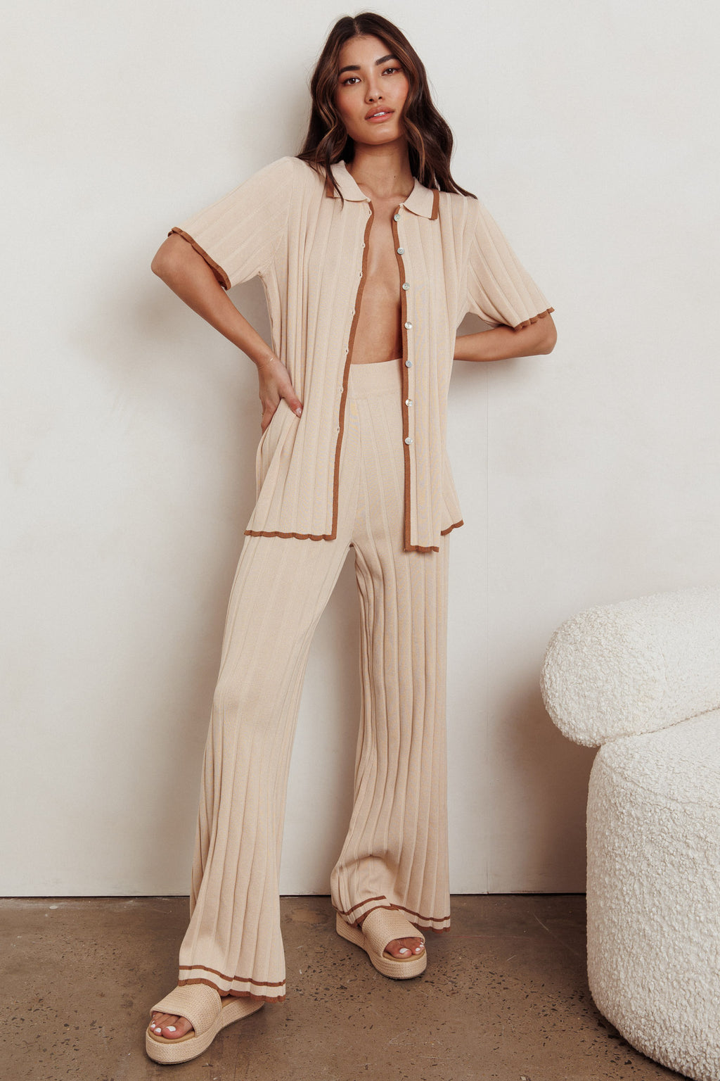 Liloh Ribbed Buttoned Shirt Beige by Selfie Leslie Australia