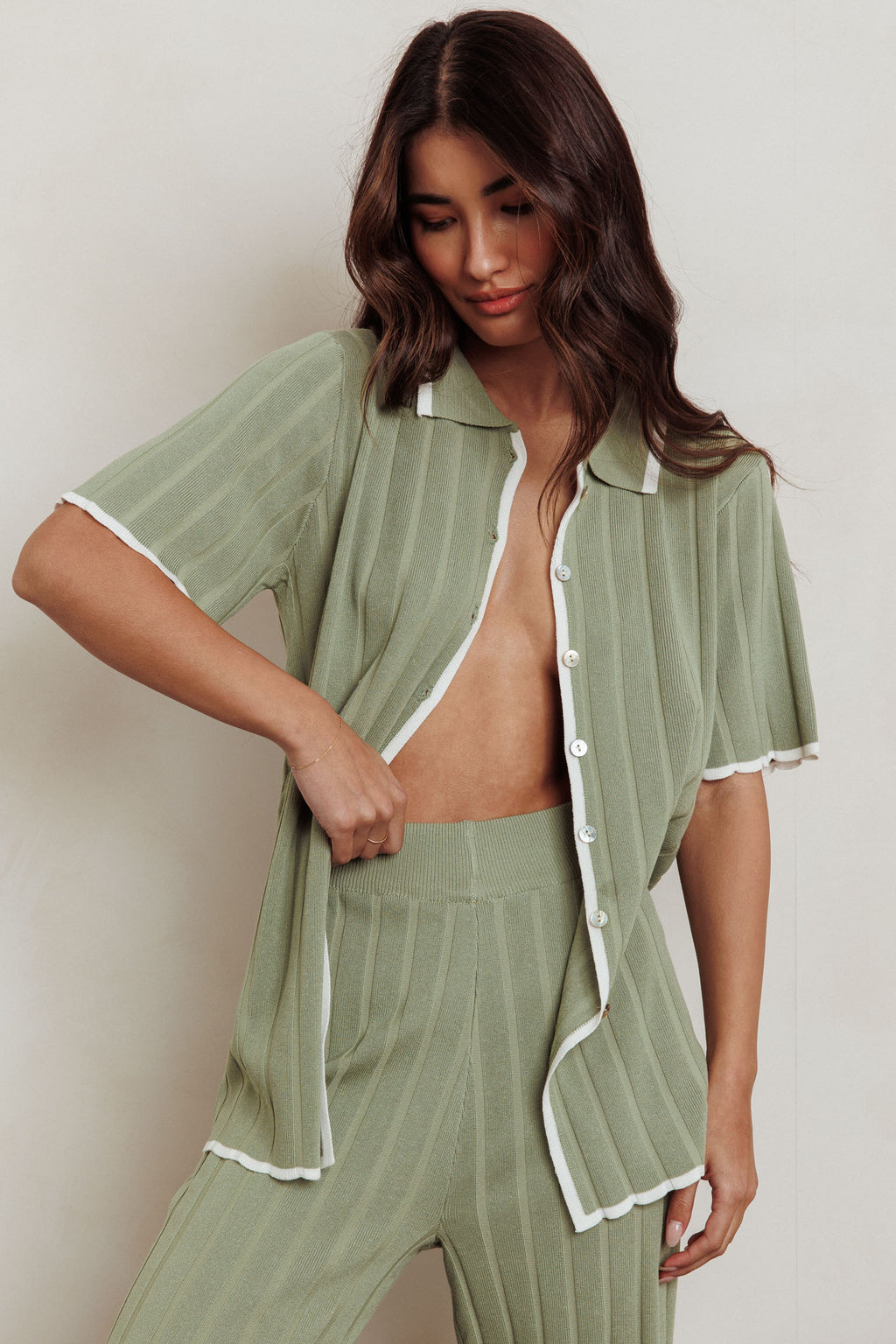 Liloh Ribbed Buttoned Shirt Sage by Selfie Leslie Australia