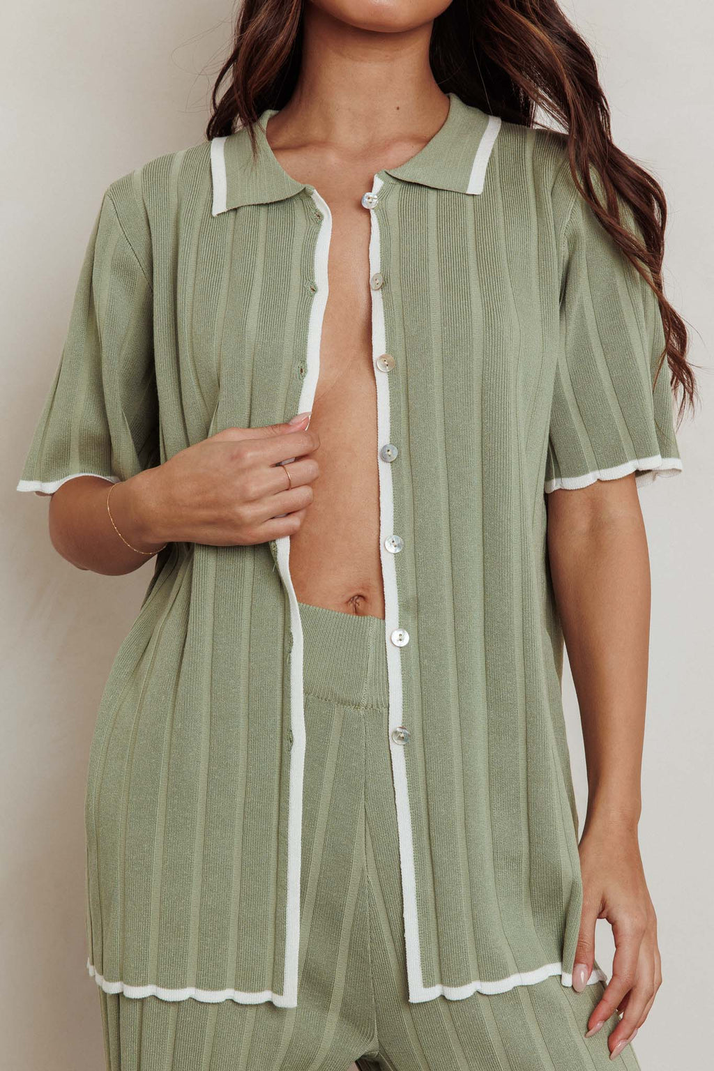 Liloh Ribbed Buttoned Shirt Sage by Selfie Leslie Australia