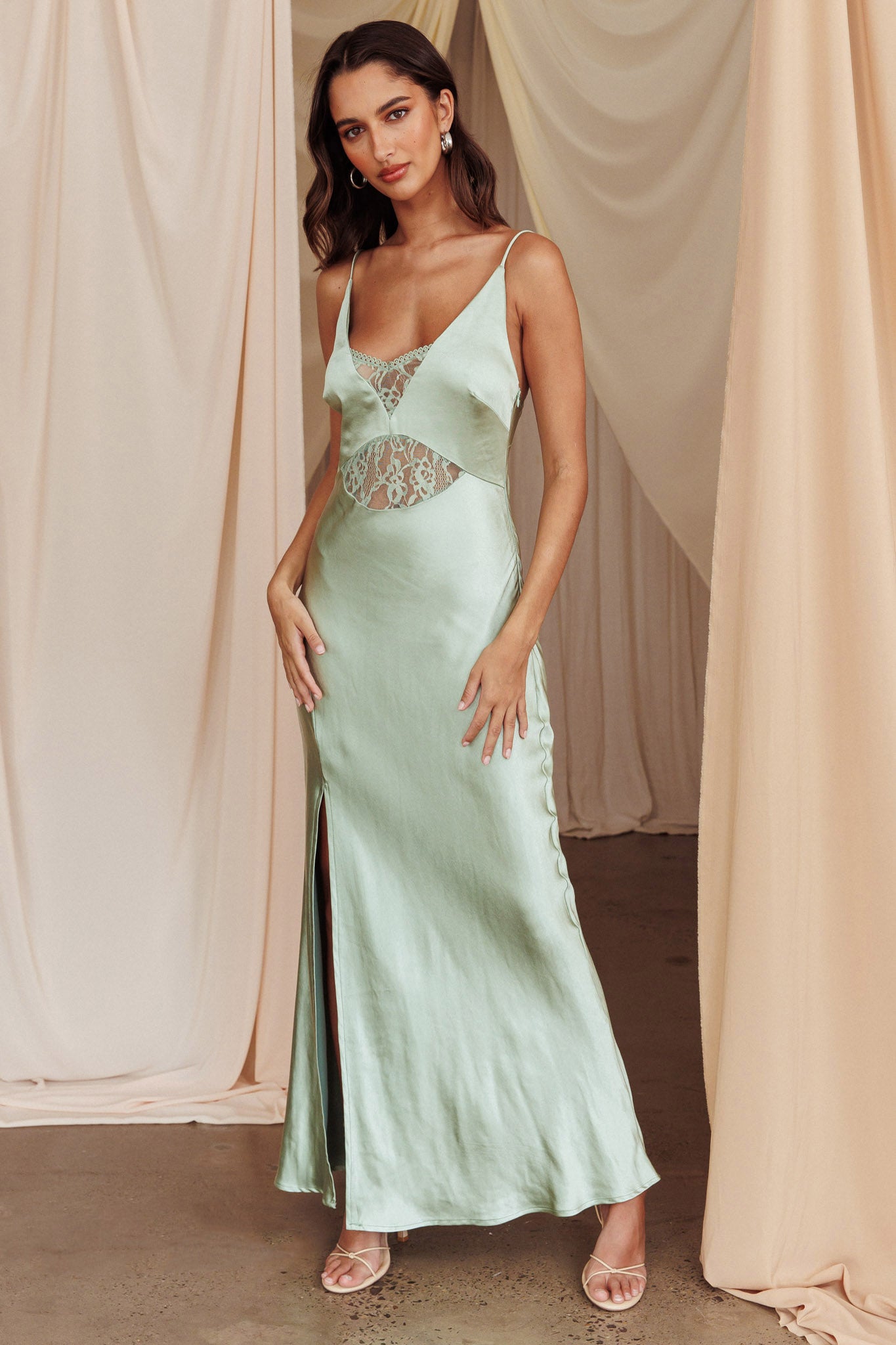 Better Believe Lace Insert Maxi Dress Sage by Selfie Leslie Australia