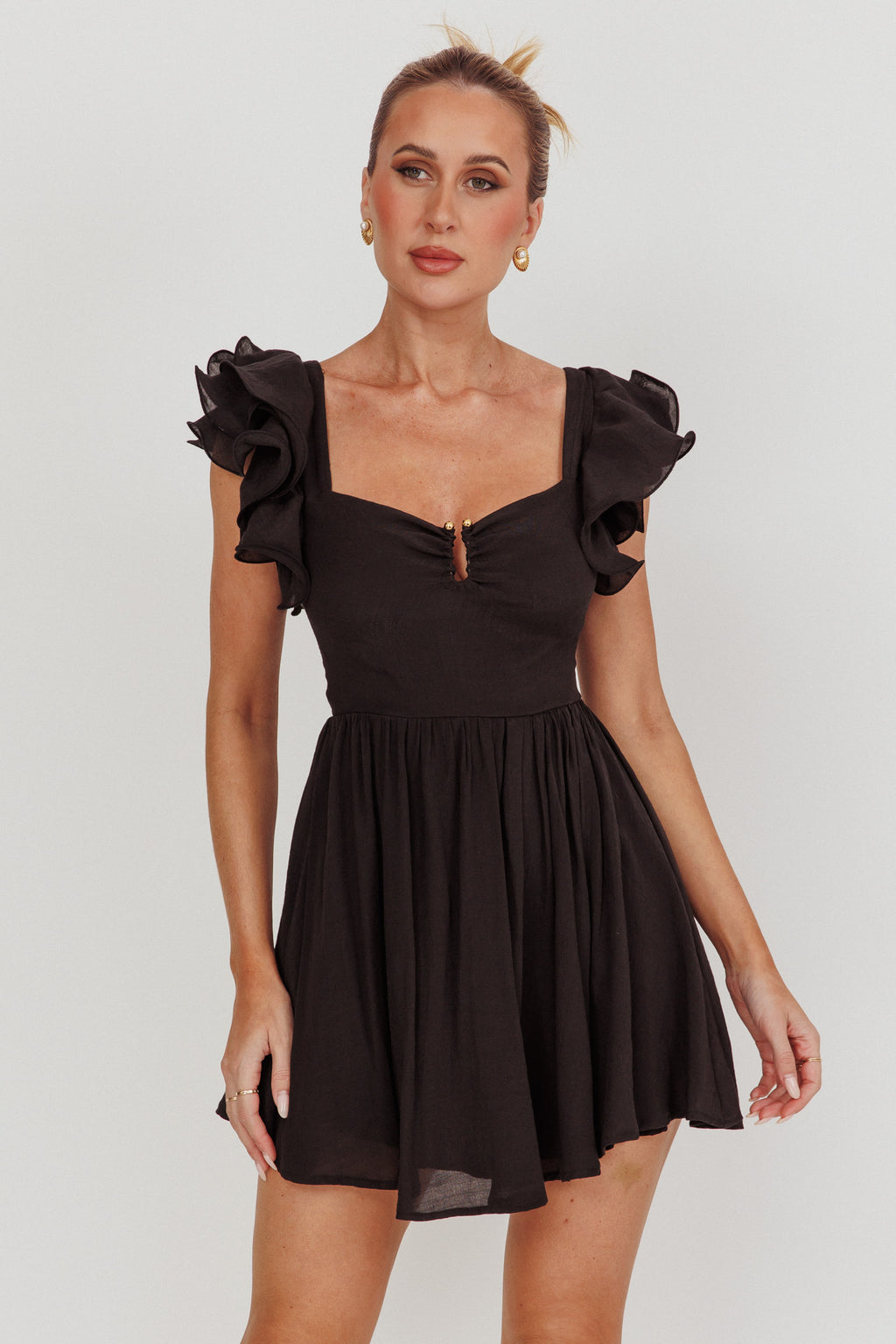 Sunday Dreams Ruffle Strap Mini Dress Black by Selfie Leslie Australia