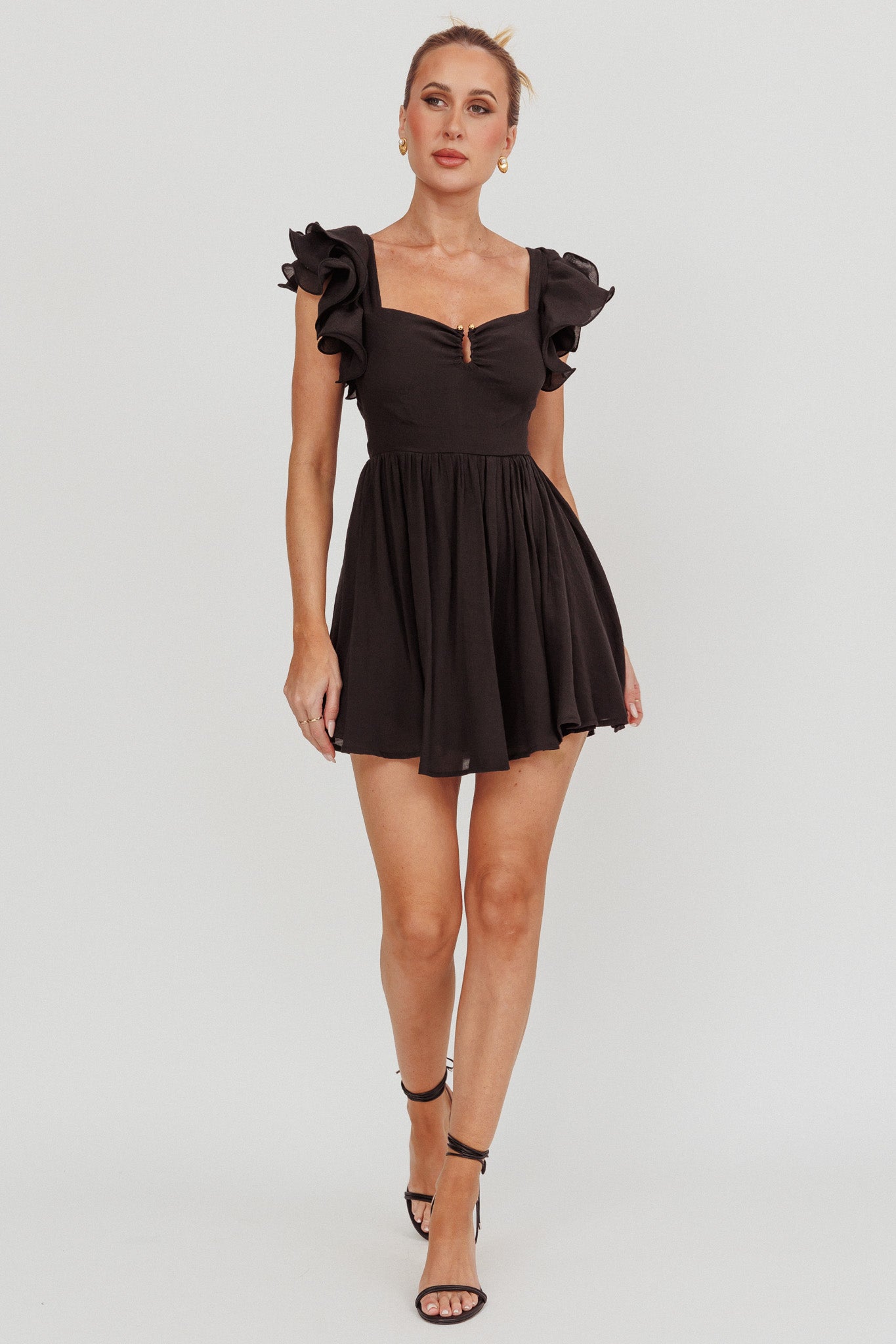 Sunday Dreams Ruffle Strap Mini Dress Black by Selfie Leslie Australia