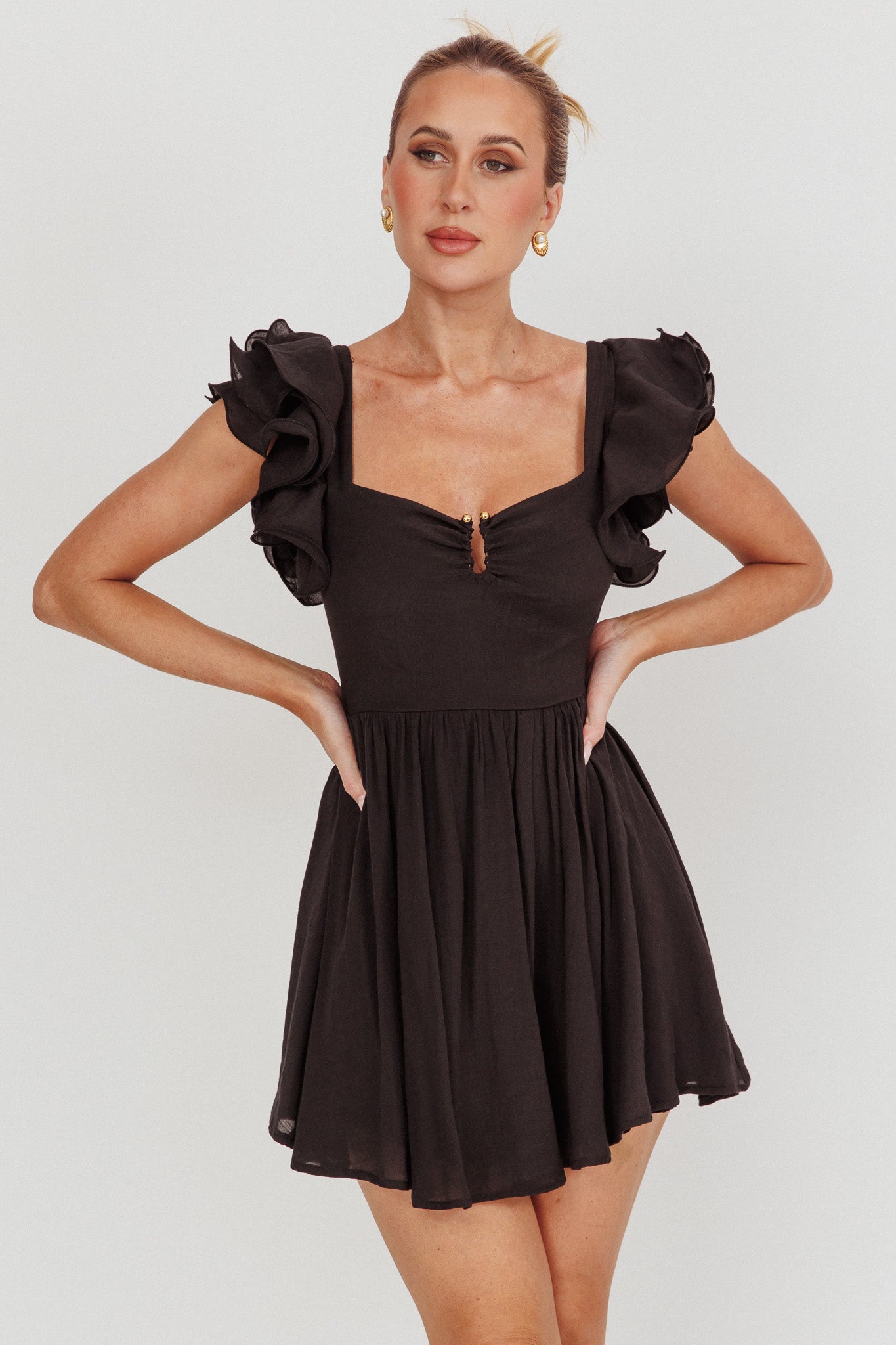 Sunday Dreams Ruffle Strap Mini Dress Black by Selfie Leslie Australia