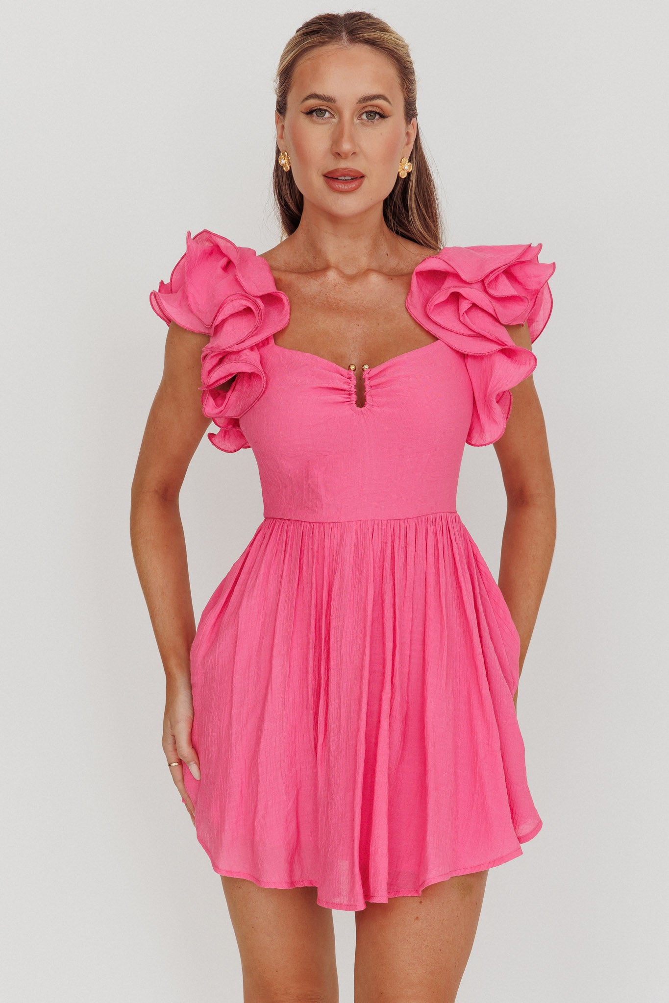 Sunday Dreams Ruffle Strap Mini Dress Pink by Selfie Leslie Australia