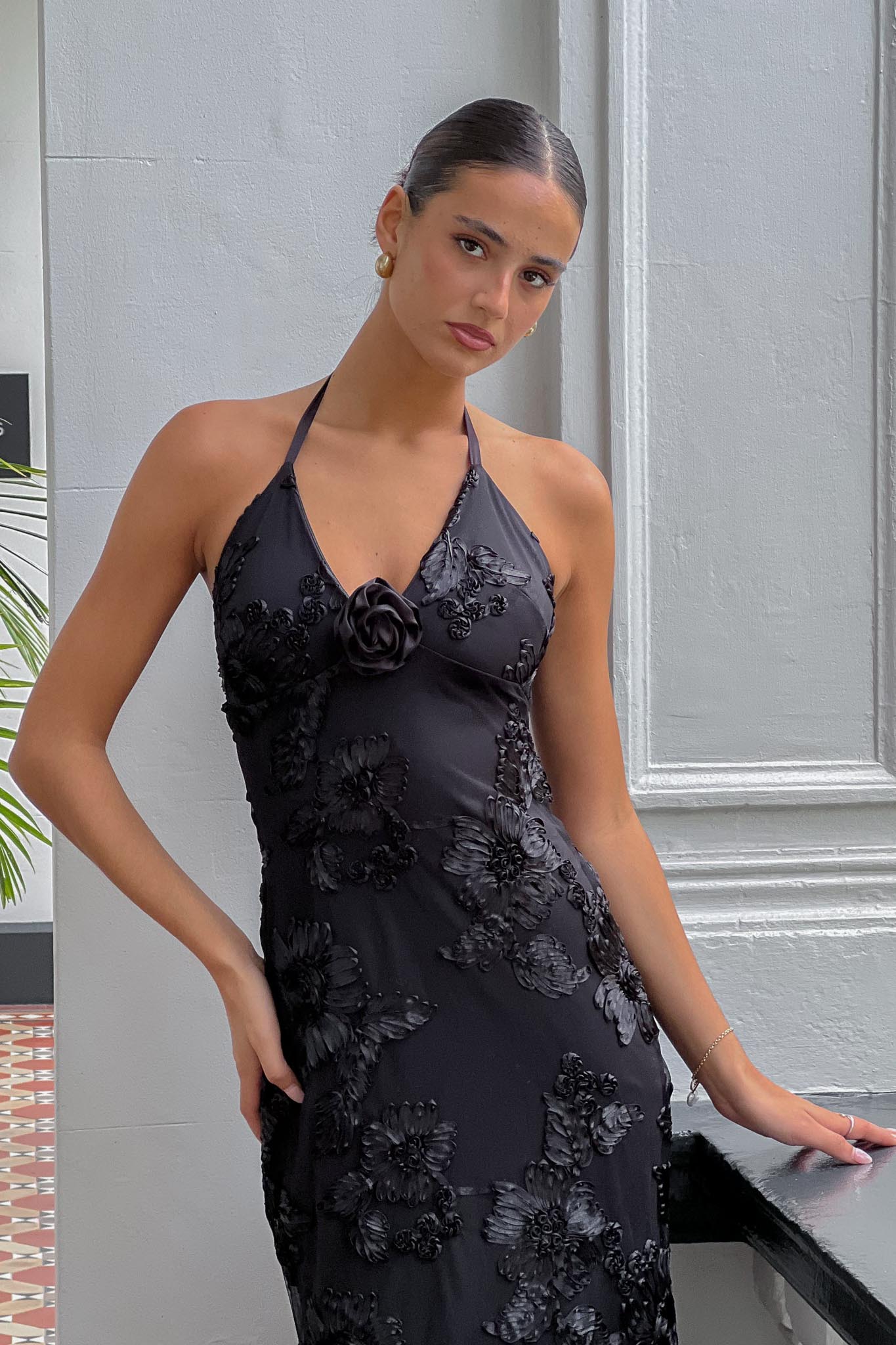 Your Affections Rosette Ribbon Embellished Maxi Dress Black by Selfie Leslie Australia