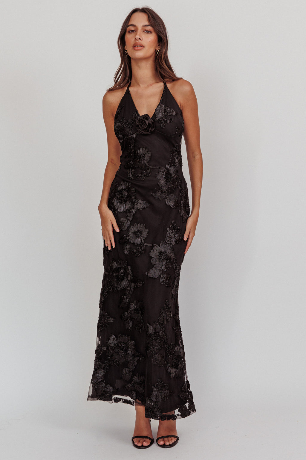 Your Affections Rosette Ribbon Embellished Maxi Dress Black by Selfie Leslie Australia