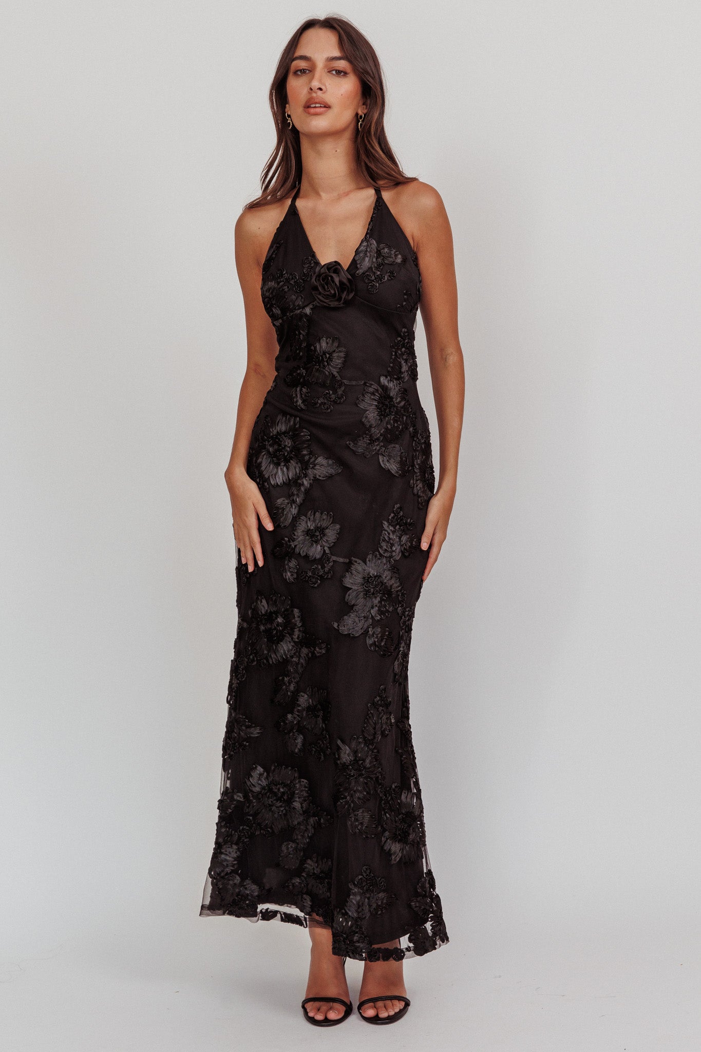 Your Affections Rosette Ribbon Embellished Maxi Dress Black by Selfie Leslie Australia