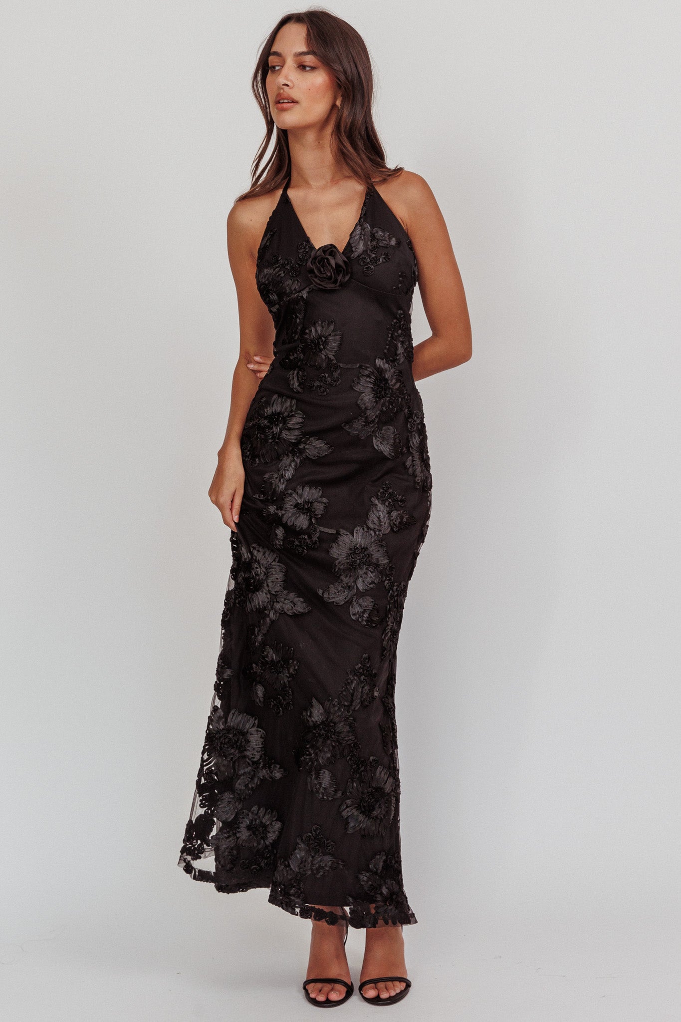 Your Affections Rosette Ribbon Embellished Maxi Dress Black by Selfie Leslie Australia