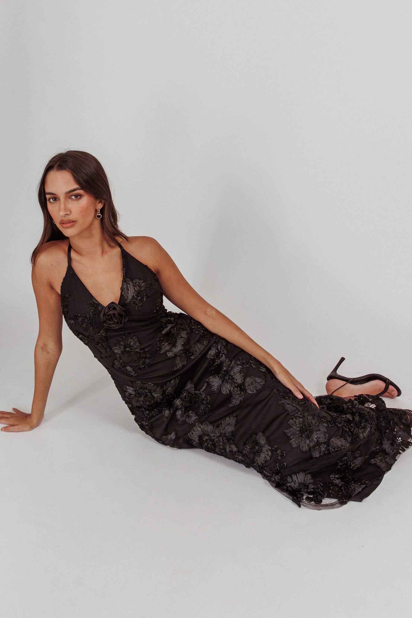 Your Affections Rosette Ribbon Embellished Maxi Dress Black by Selfie Leslie Australia