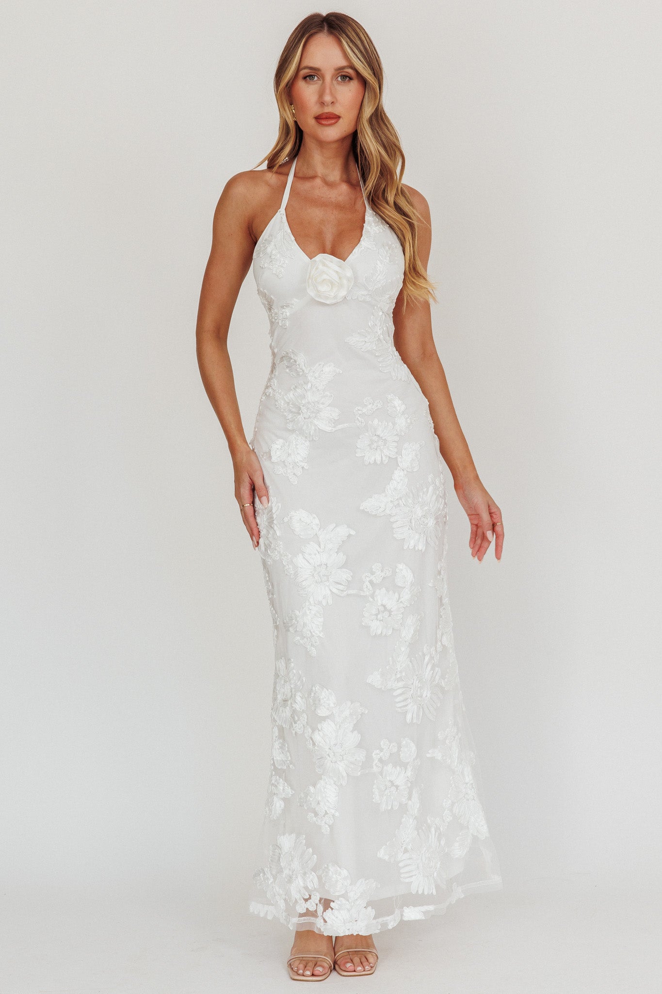 Your Affections Rosette Ribbon Embellished Maxi Dress White by Selfie Leslie Australia