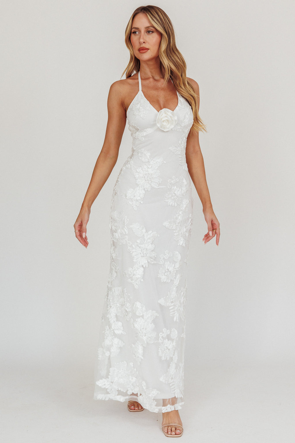 Your Affections Rosette Ribbon Embellished Maxi Dress White by Selfie Leslie Australia