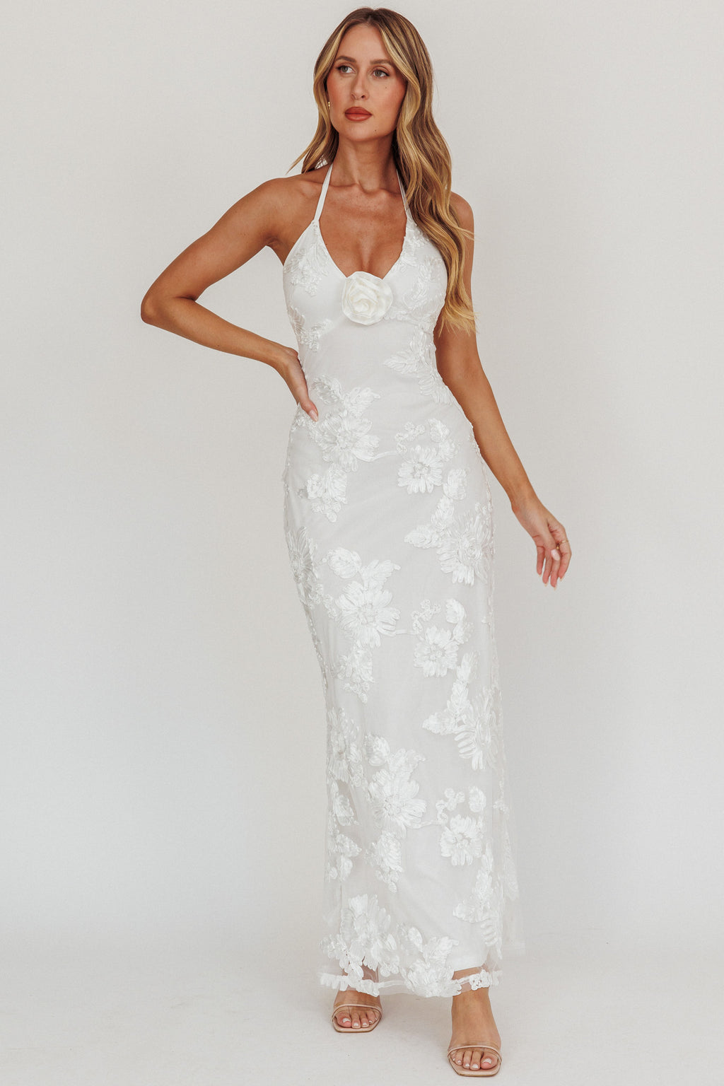 Your Affections Rosette Ribbon Embellished Maxi Dress White by Selfie Leslie Australia