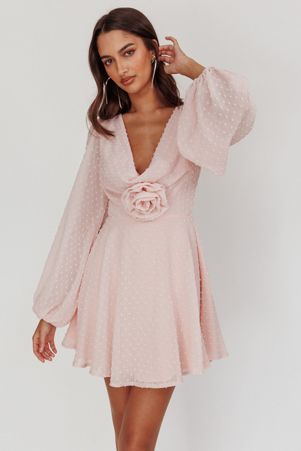 Open Heart Long Sleeve Rosette Mini Dress Baby Pink by Selfie Leslie Australia