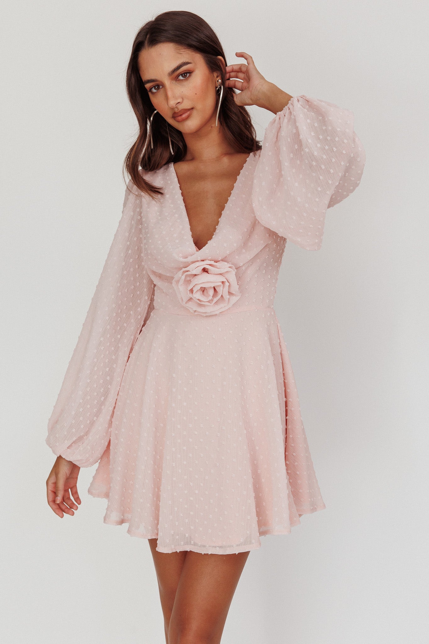Open Heart Long Sleeve Rosette Mini Dress Baby Pink by Selfie Leslie Australia