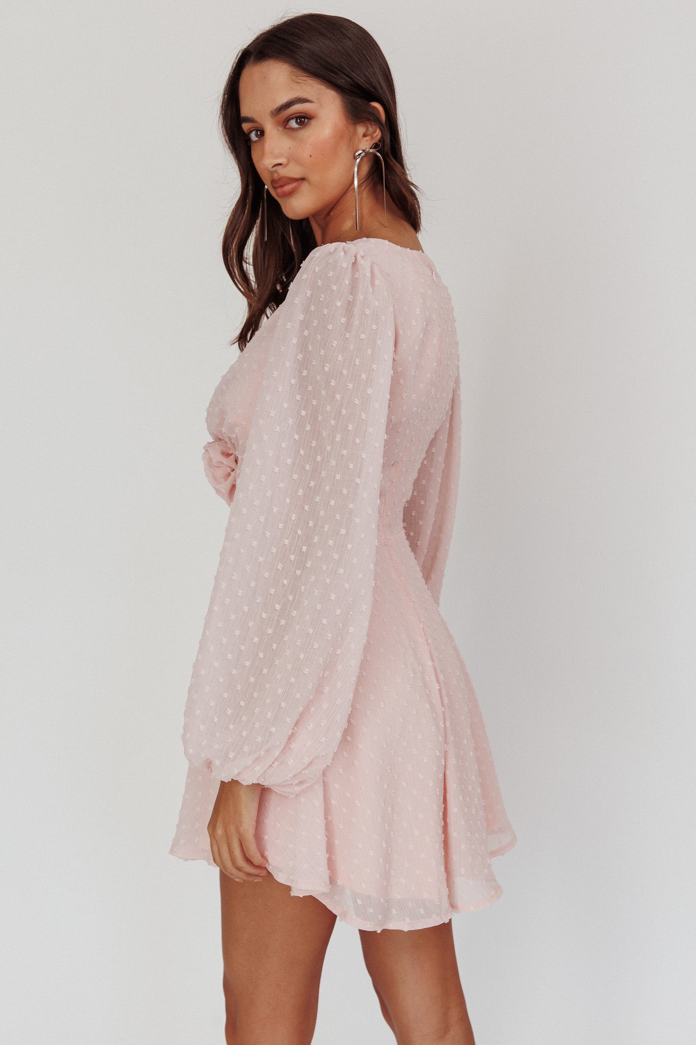 Open Heart Long Sleeve Rosette Mini Dress Baby Pink | Selfie Leslie Australia Open Heart Long Sleeve Rosette Mini Dress Baby Pink | Selfie Leslie Australia