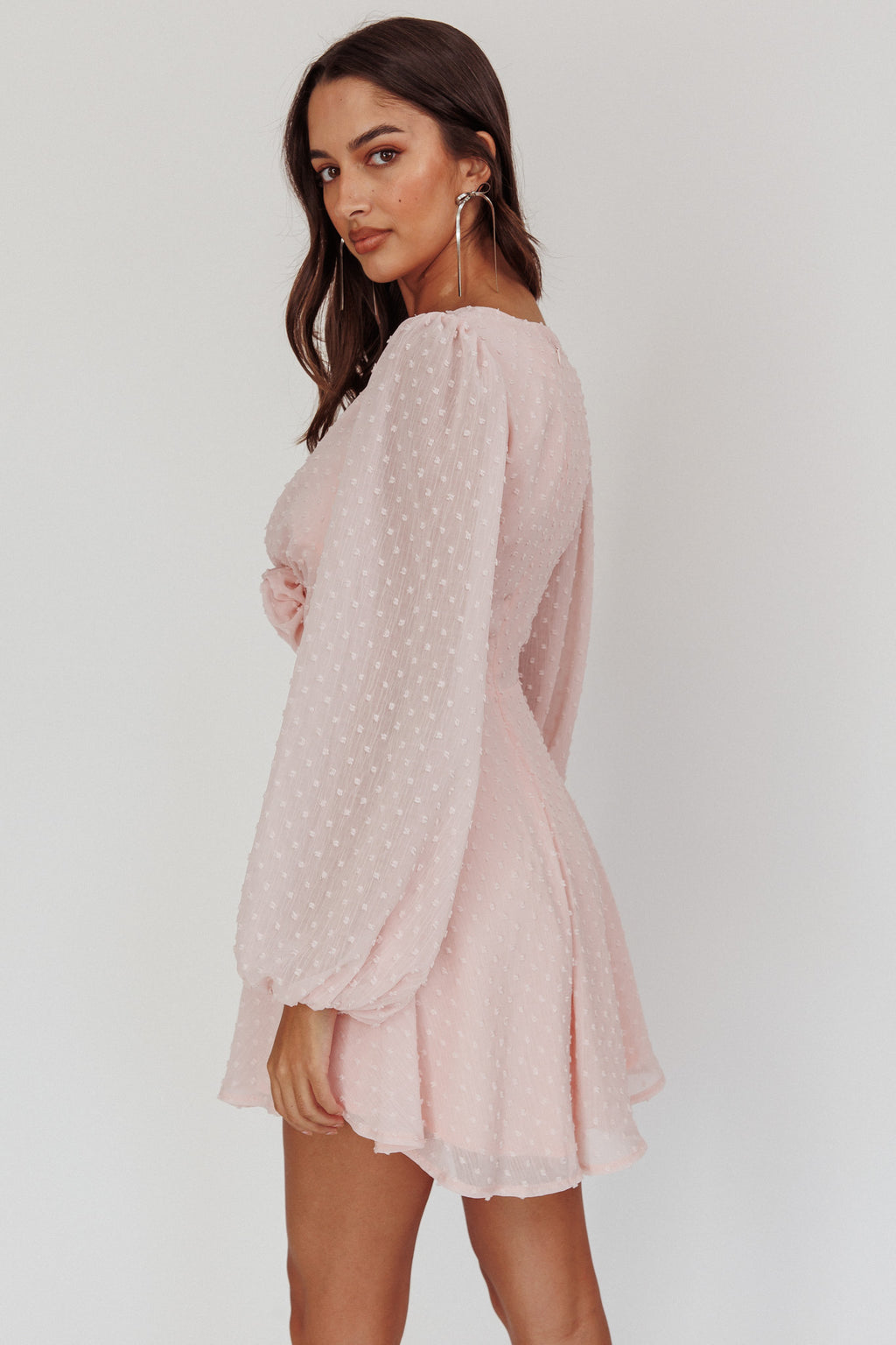 Open Heart Long Sleeve Rosette Mini Dress Baby Pink by Selfie Leslie Australia