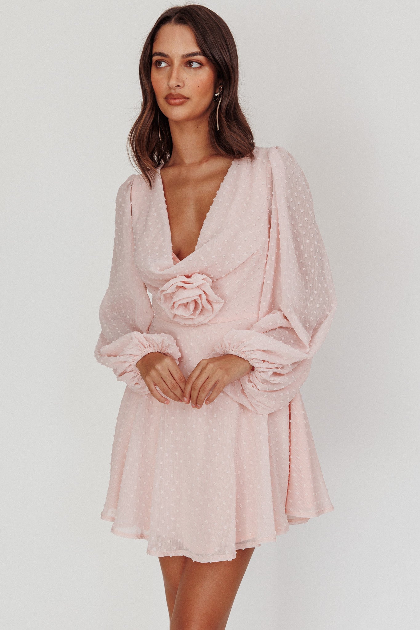 Open Heart Long Sleeve Rosette Mini Dress Baby Pink by Selfie Leslie Australia