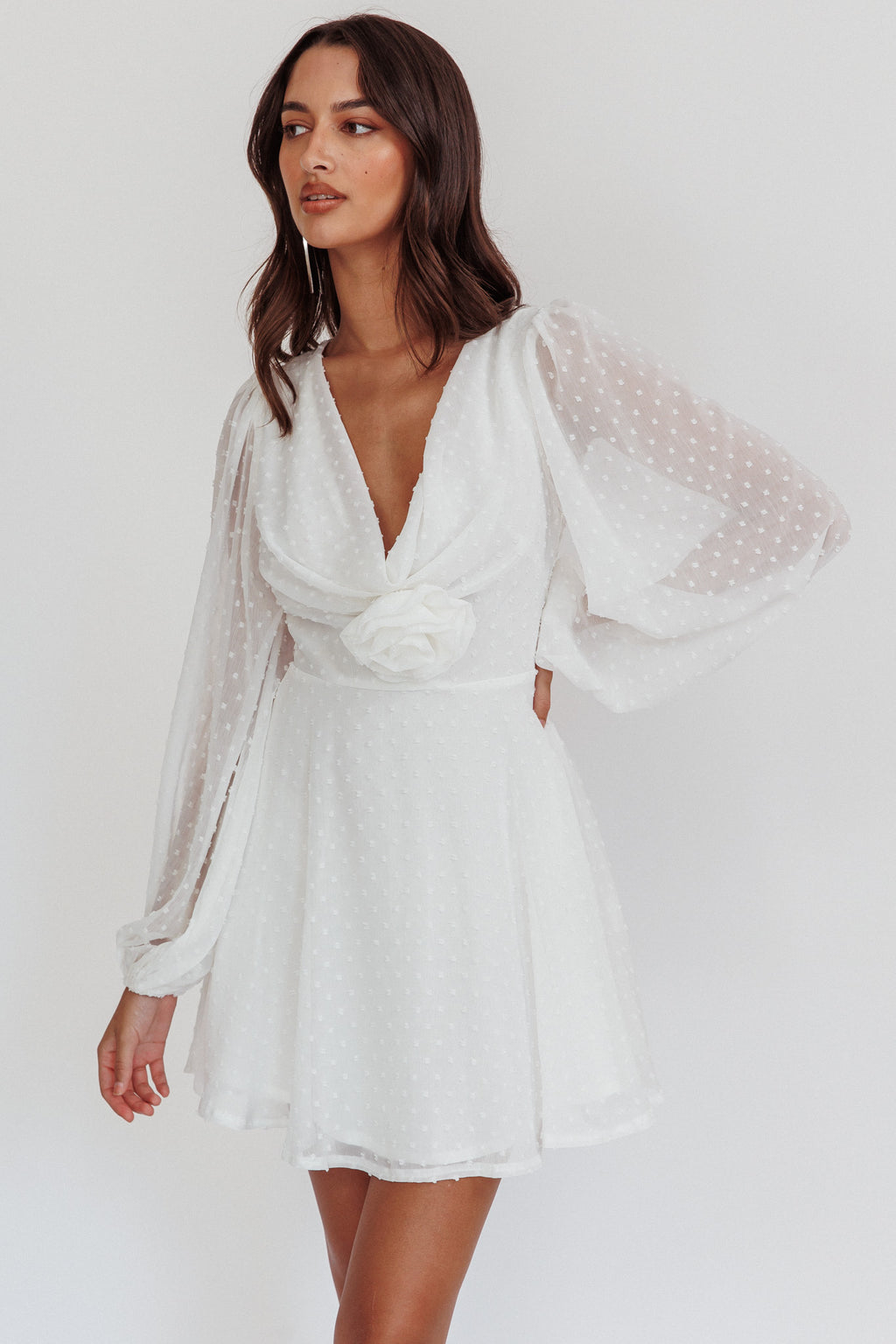 Open Heart Long Sleeve Rosette Mini Dress White by Selfie Leslie Australia