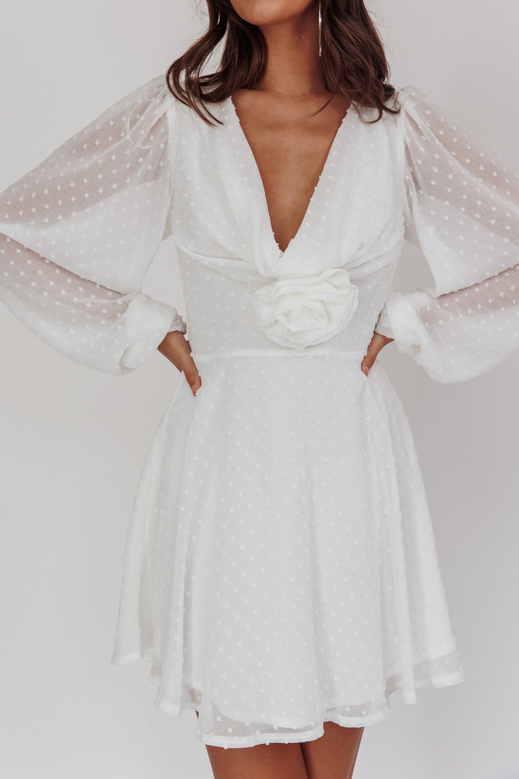 Open Heart Long Sleeve Rosette Mini Dress White by Selfie Leslie Australia