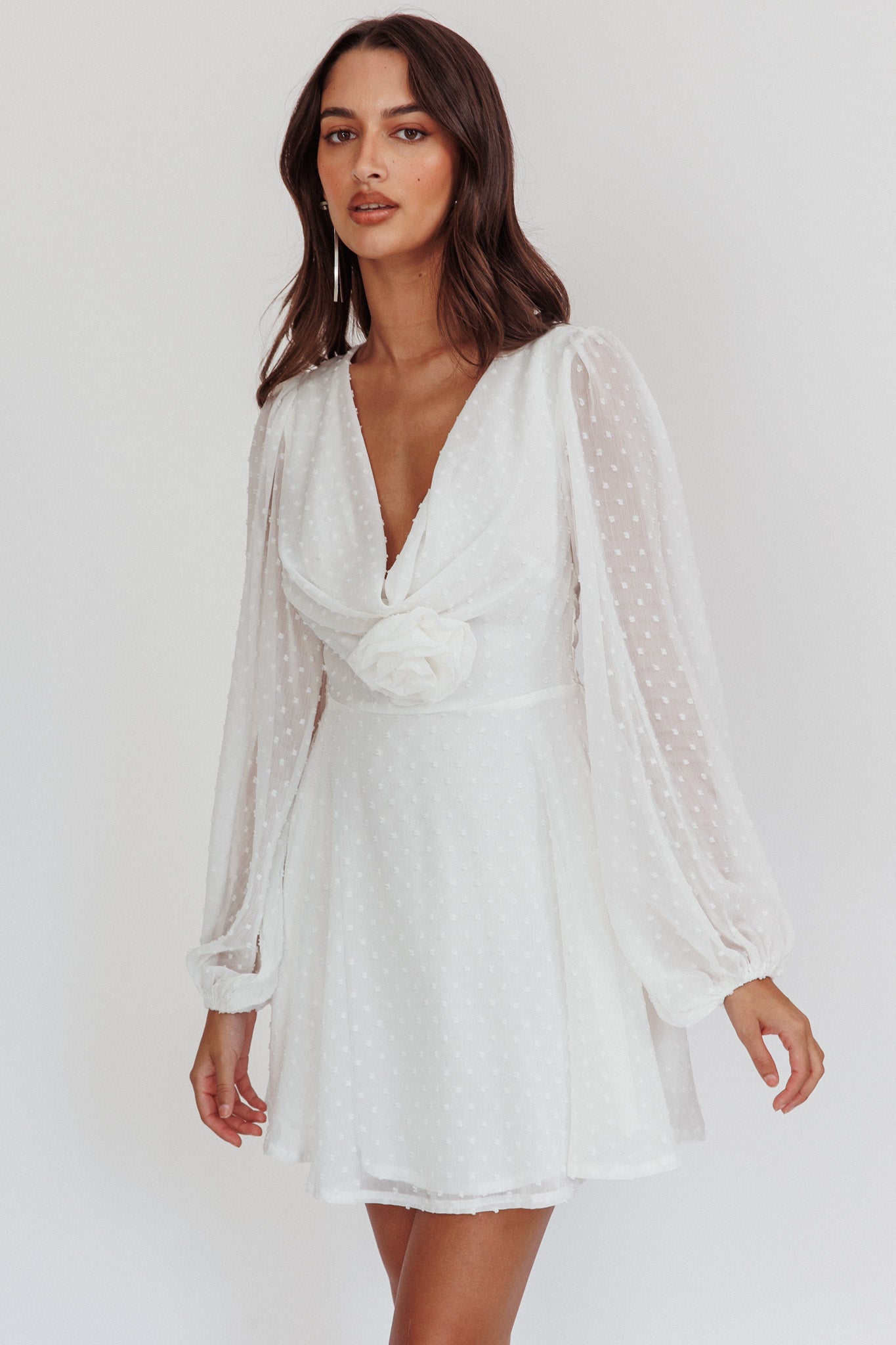 Open Heart Long Sleeve Rosette Mini Dress White by Selfie Leslie Australia