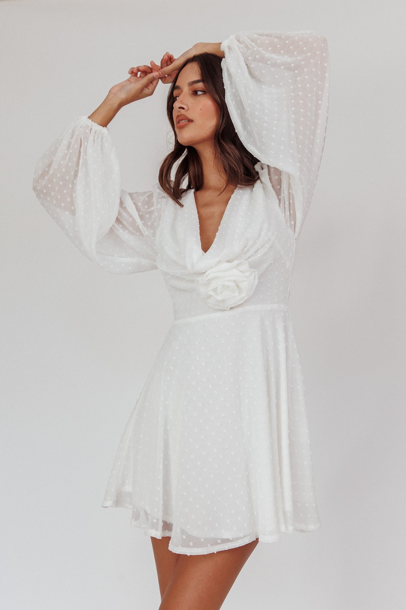 Open Heart Long Sleeve Rosette Mini Dress White by Selfie Leslie Australia