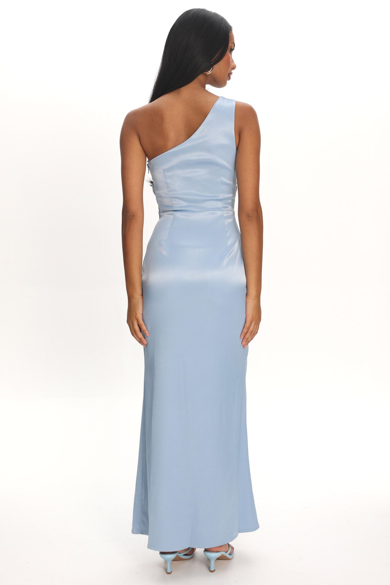 open lace back dress Taniesha One-Shoulder Gathered Maxi Dress Steel Blue