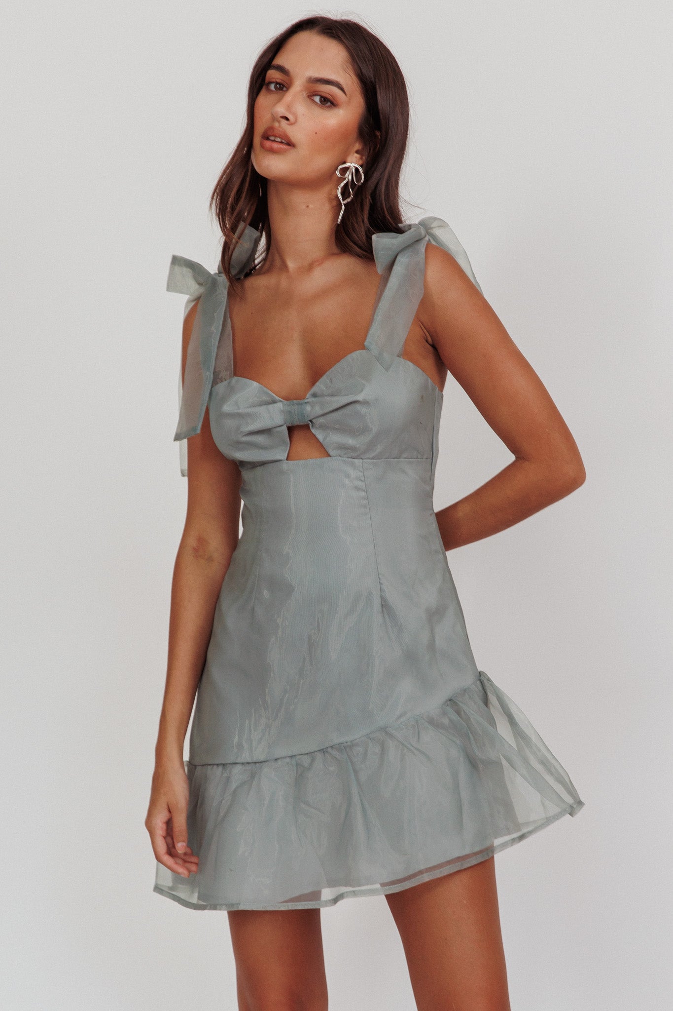 Alexia Bow Shoulder Ruffle Hem Sage by Selfie Leslie Australia