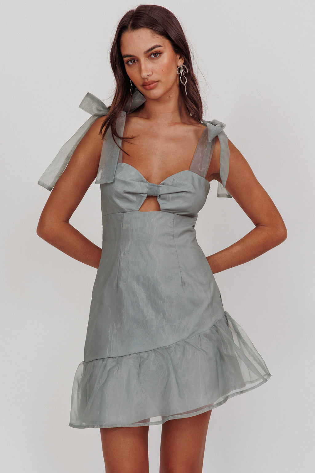 Alexia Bow Shoulder Ruffle Hem Sage by Selfie Leslie Australia
