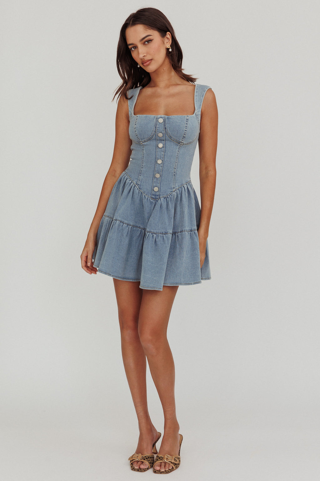 Deep Dive Square Neck Mini Dress Denim by Selfie Leslie Australia