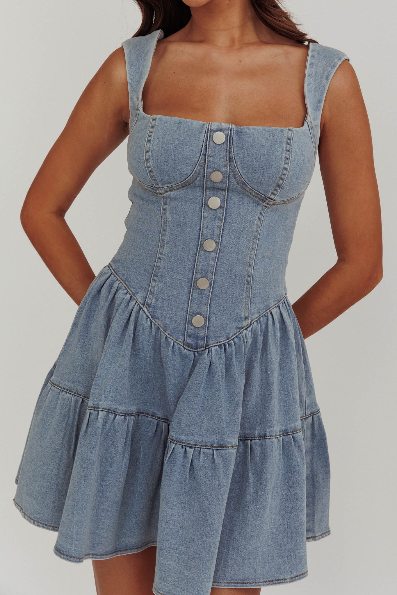 Deep Dive Square Neck Mini Dress Denim by Selfie Leslie Australia