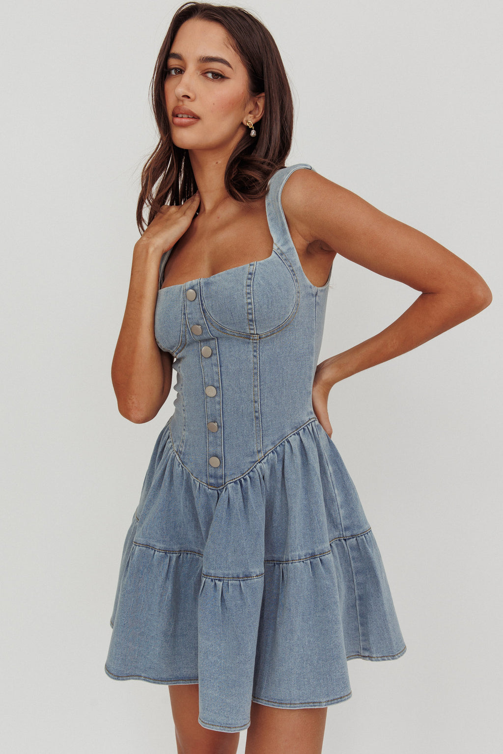 Deep Dive Square Neck Mini Dress Denim by Selfie Leslie Australia