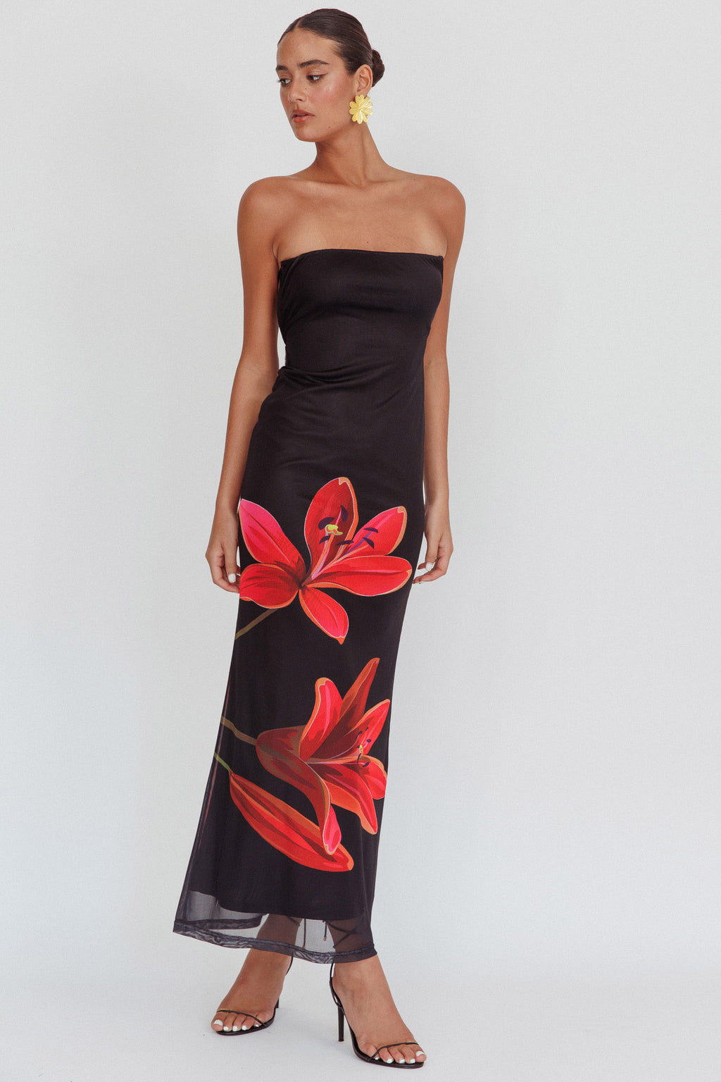 Iridian Strapless Floral Maxi Dress Black by Selfie Leslie Australia