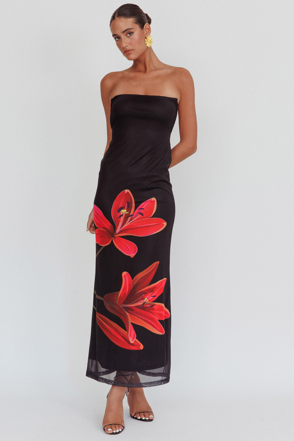 Iridian Strapless Floral Maxi Dress Black by Selfie Leslie Australia