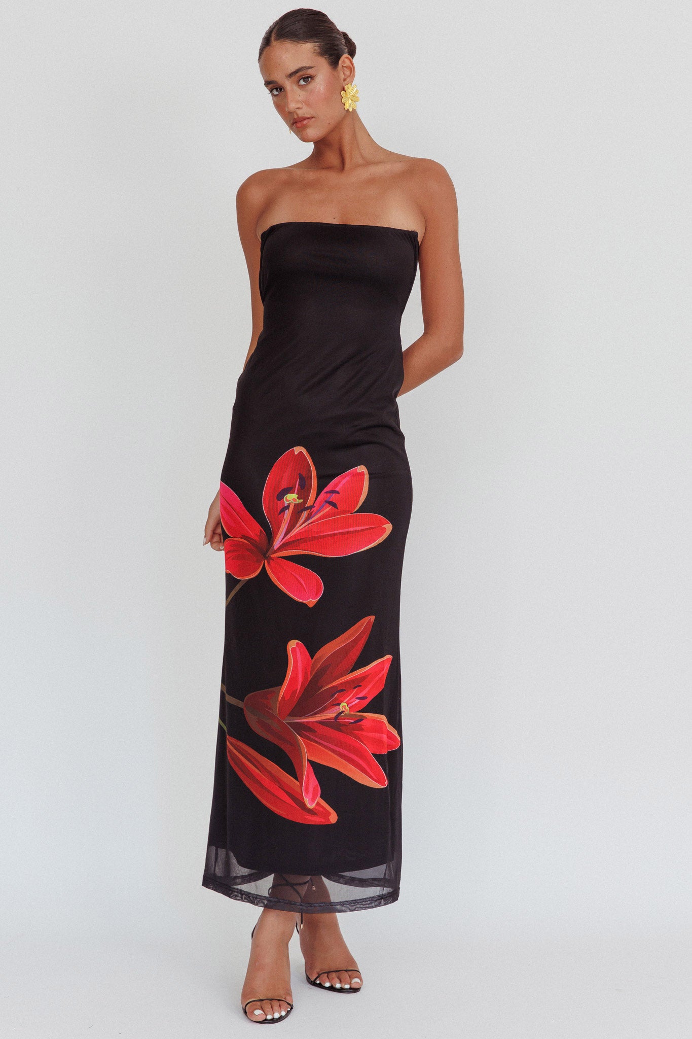 Iridian Strapless Floral Maxi Dress Black by Selfie Leslie Australia