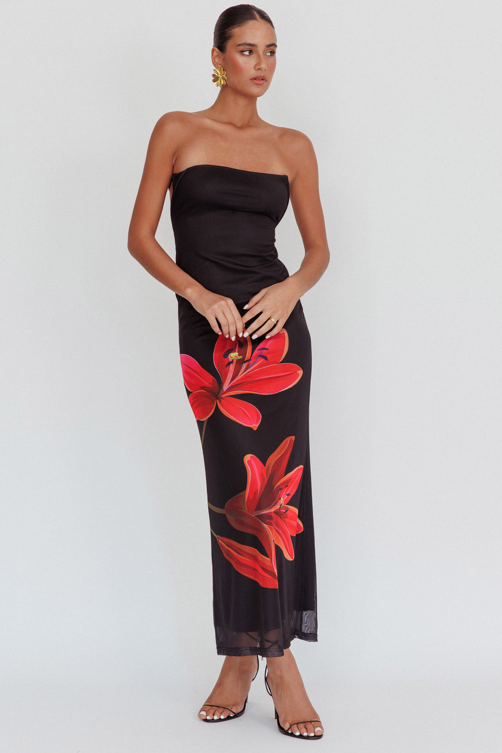 Iridian Strapless Floral Maxi Dress Black by Selfie Leslie Australia
