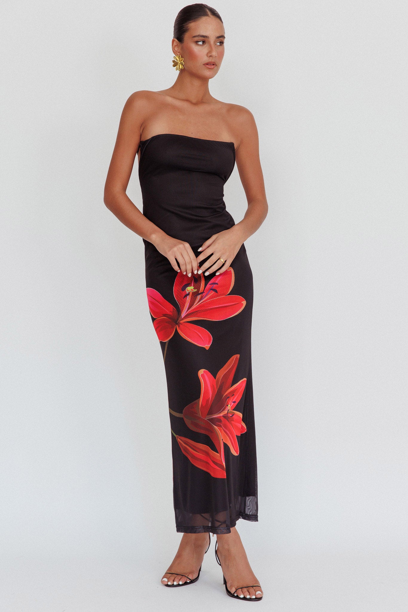 Iridian Strapless Floral Maxi Dress Black by Selfie Leslie Australia