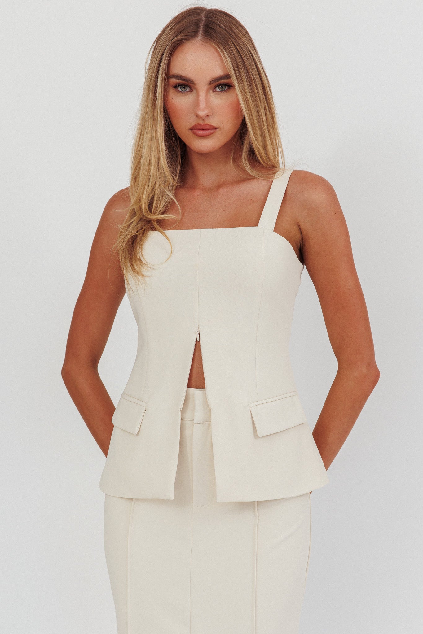 Like I Do Front Zip Sleeveless Top Cream by Selfie Leslie Australia