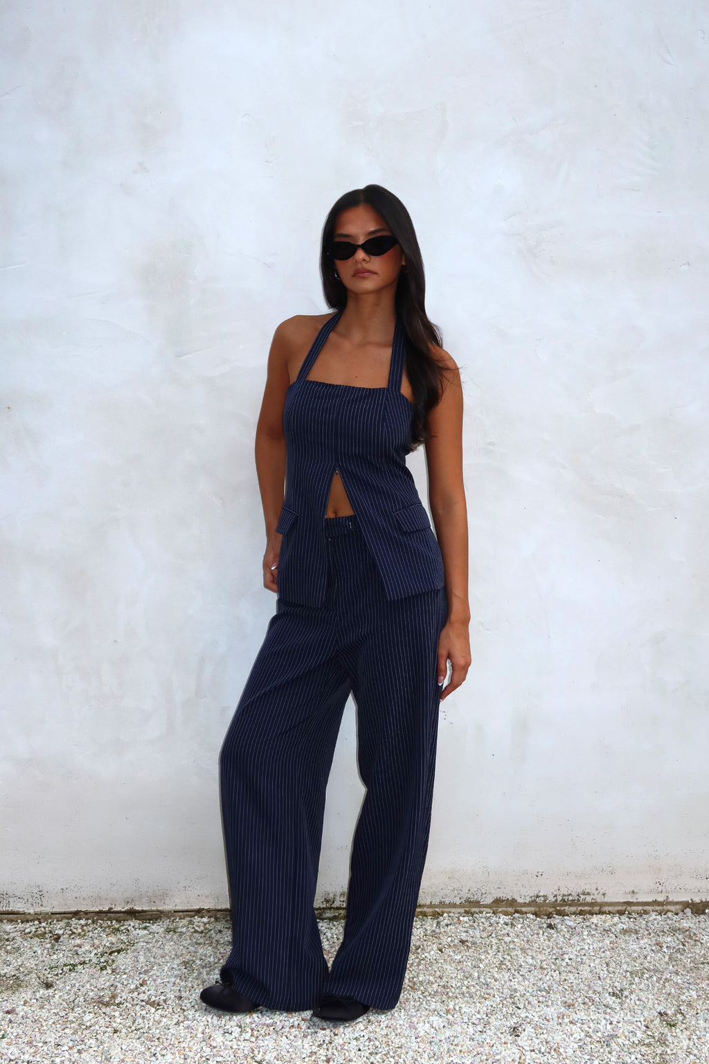 Renee Wide Leg Pants Pinstripe Navy by Selfie Leslie Australia