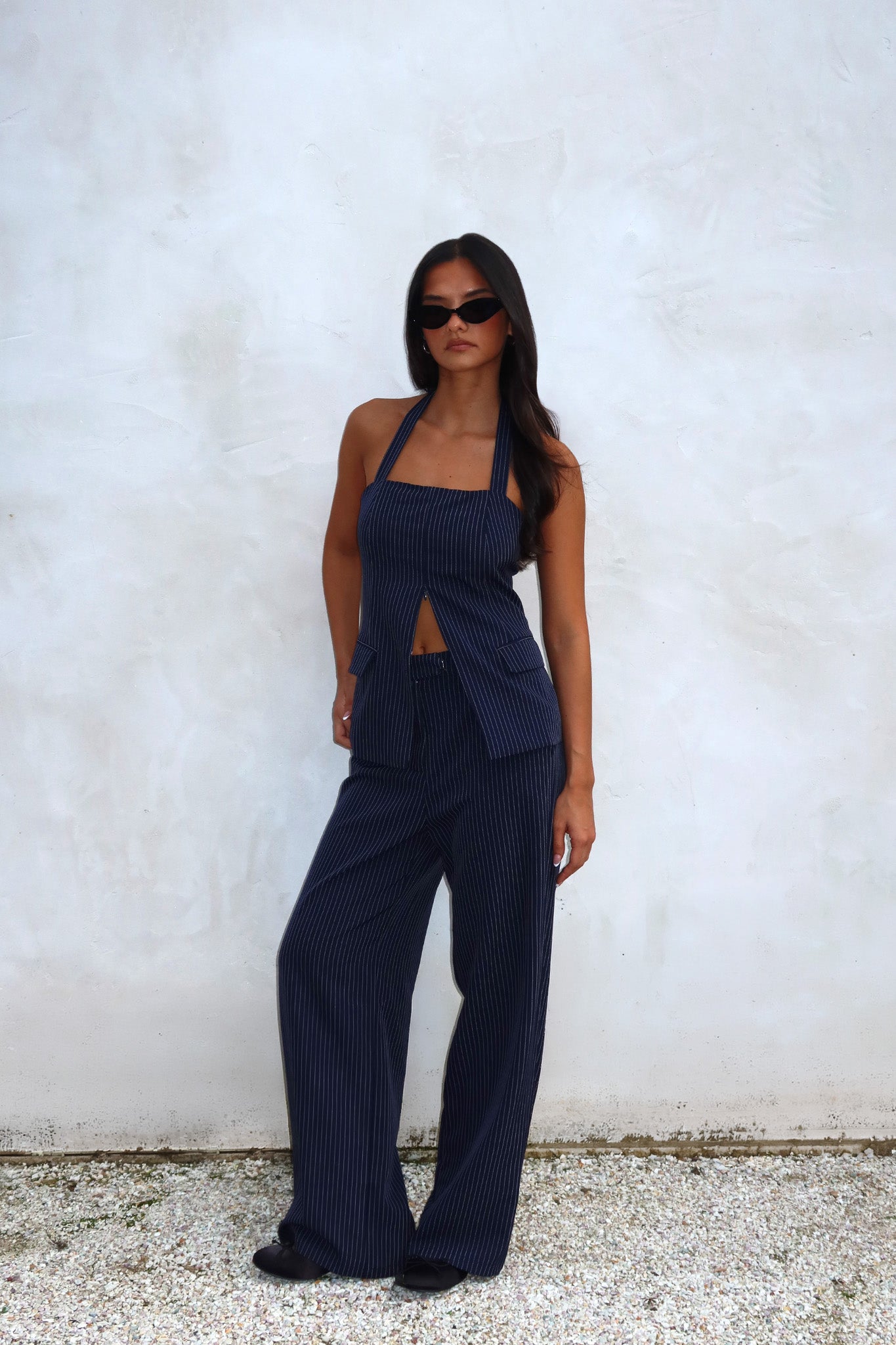 Renee Wide Leg Pants Pinstripe Navy by Selfie Leslie Australia