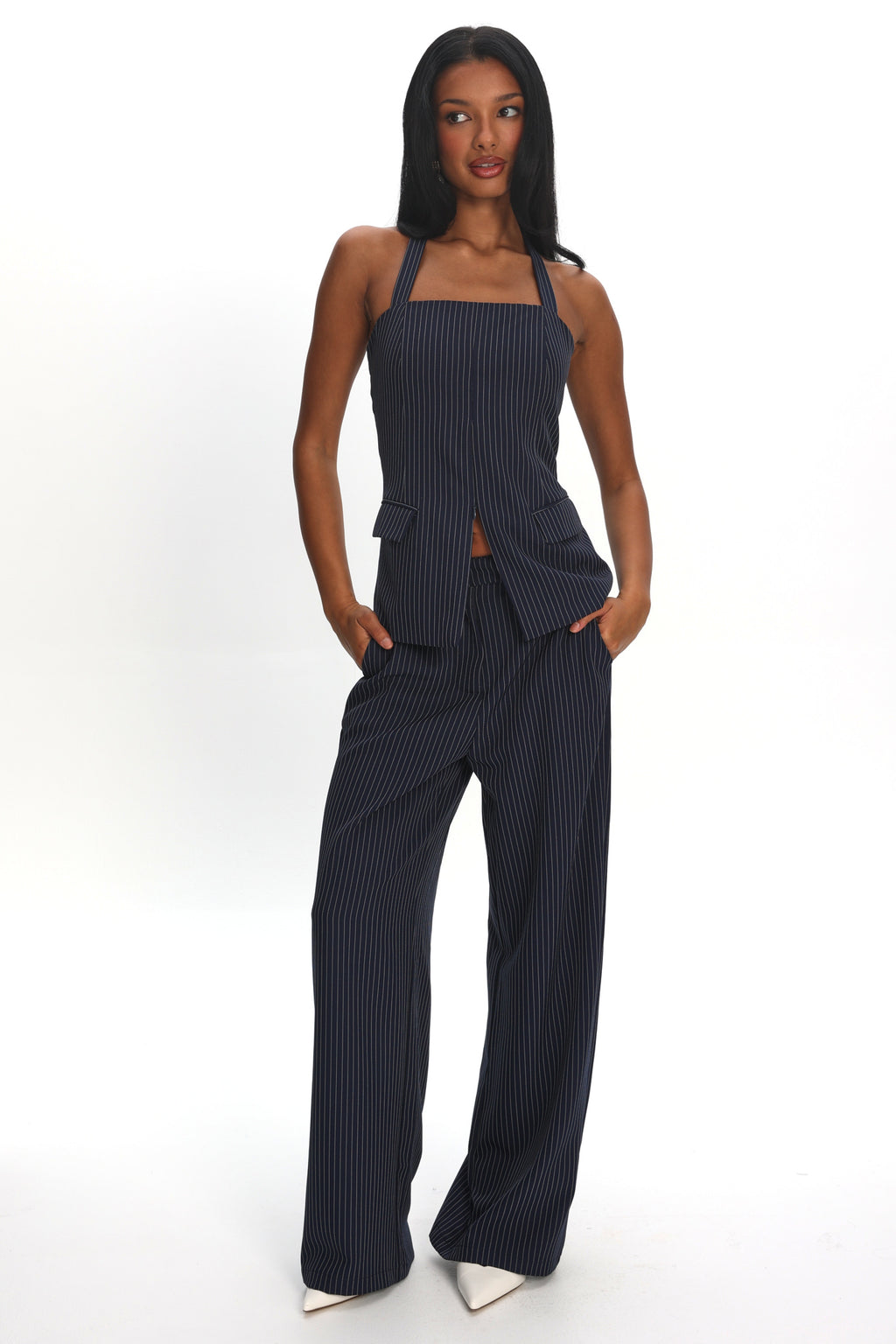 Like I Do Wide Leg Pants Pinstripe Navy by Selfie Leslie Australia