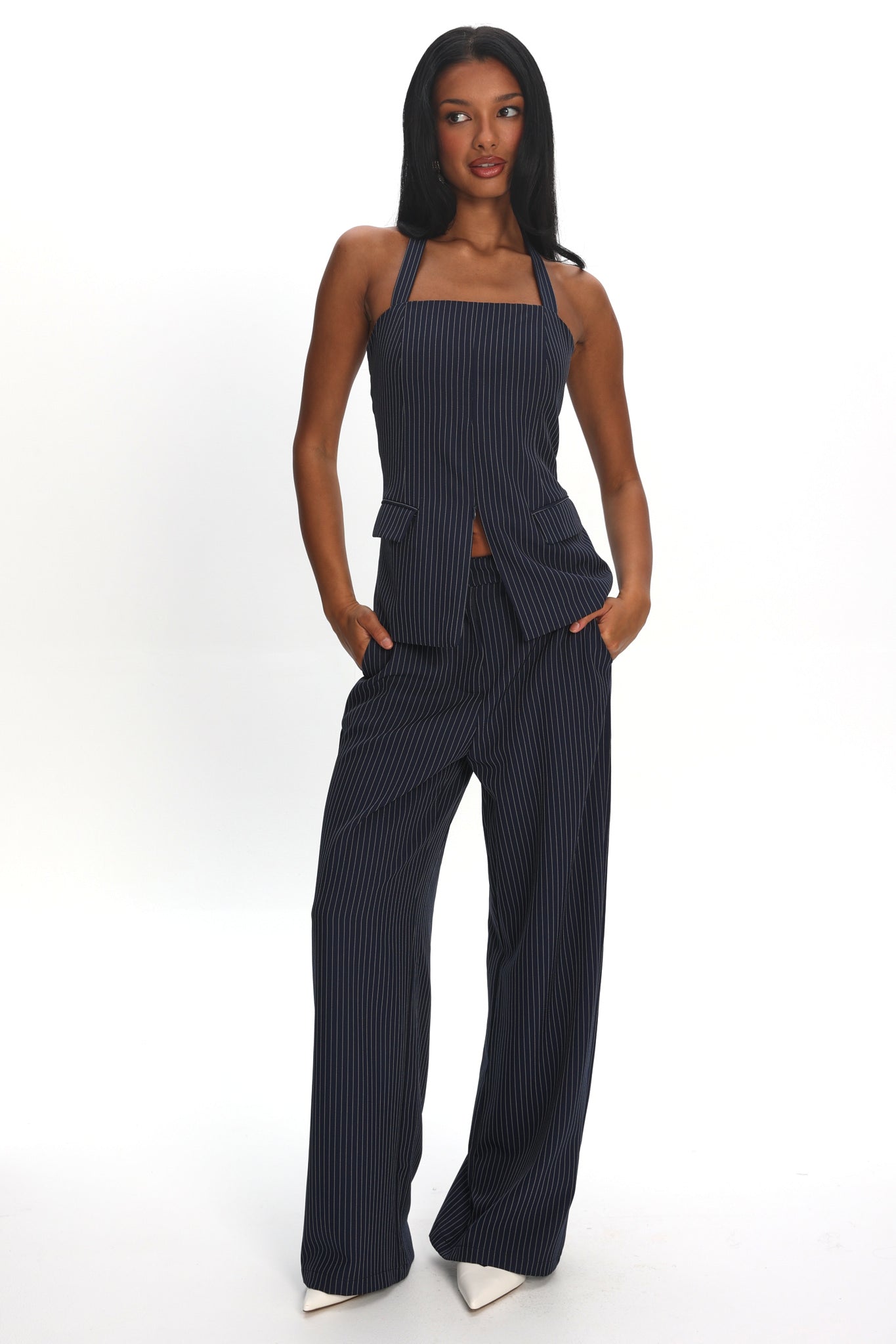 Like I Do Wide Leg Pants Pinstripe Navy by Selfie Leslie Australia