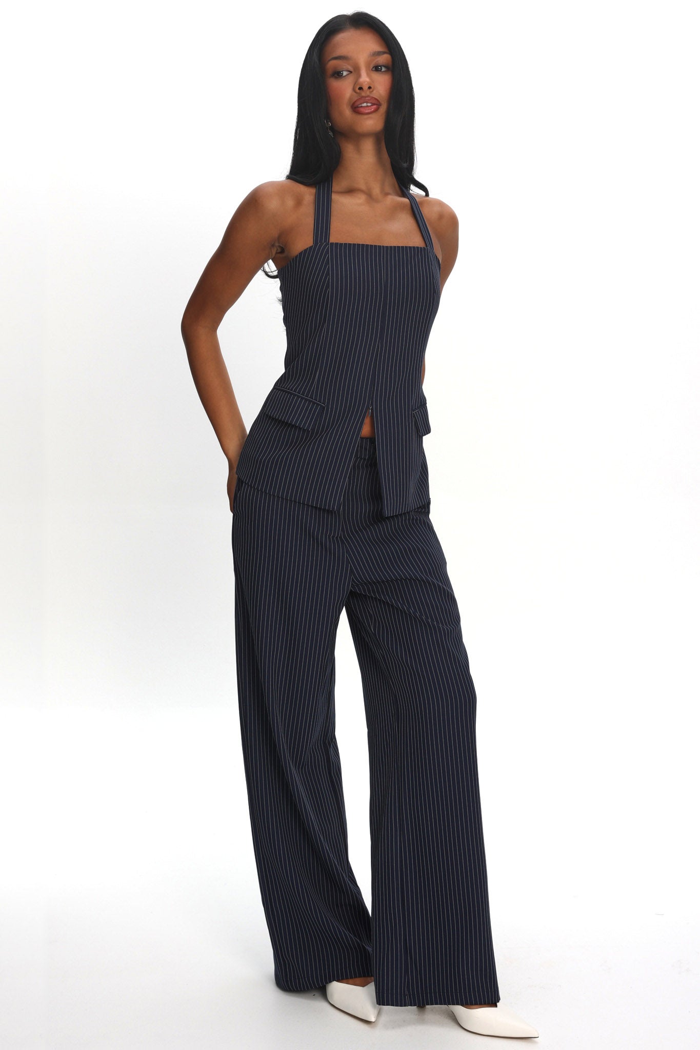 Like I Do Wide Leg Pants Pinstripe Navy by Selfie Leslie Australia