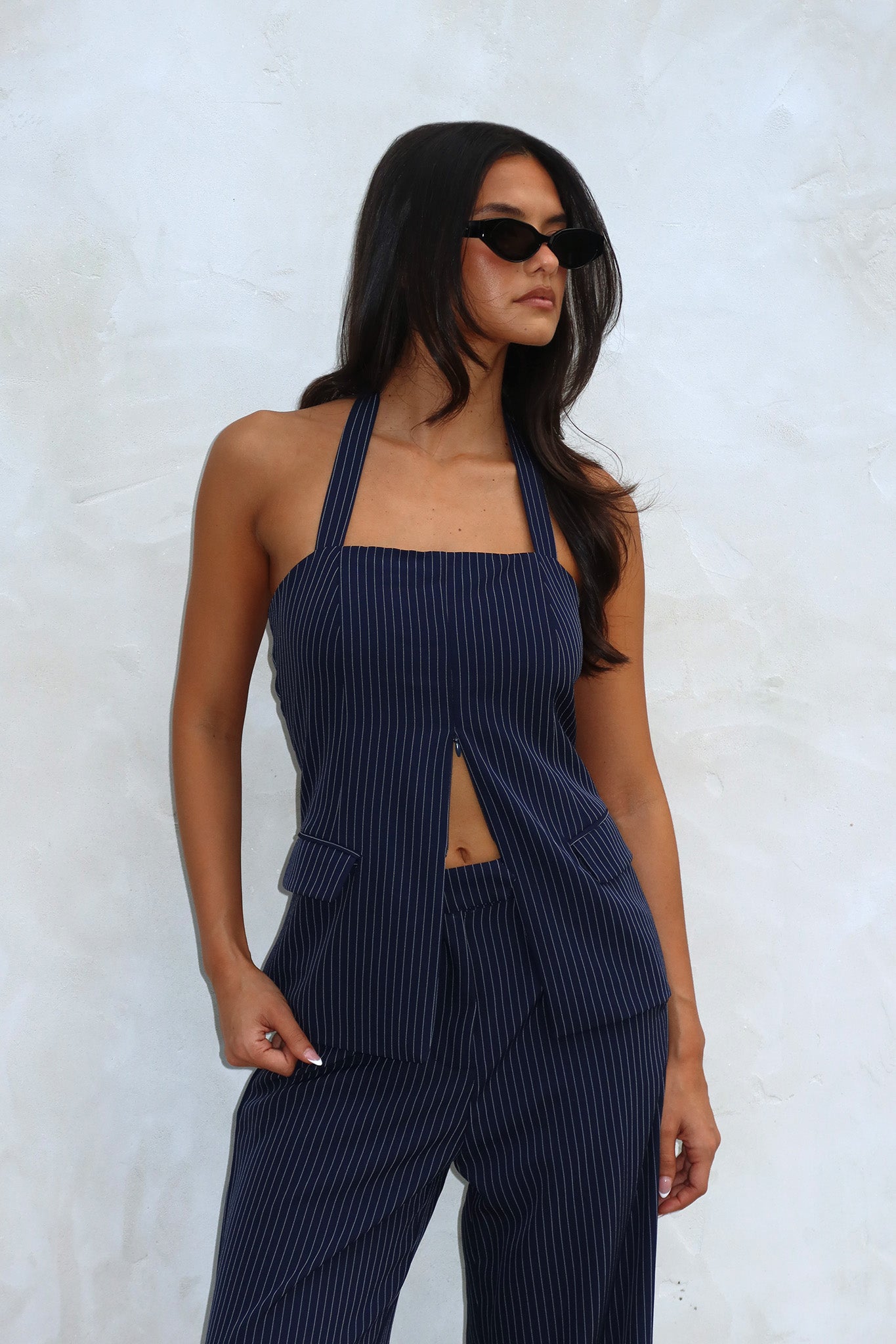 Like I Do Front Zip Halter Top Pinstripe Navy by Selfie Leslie Australia