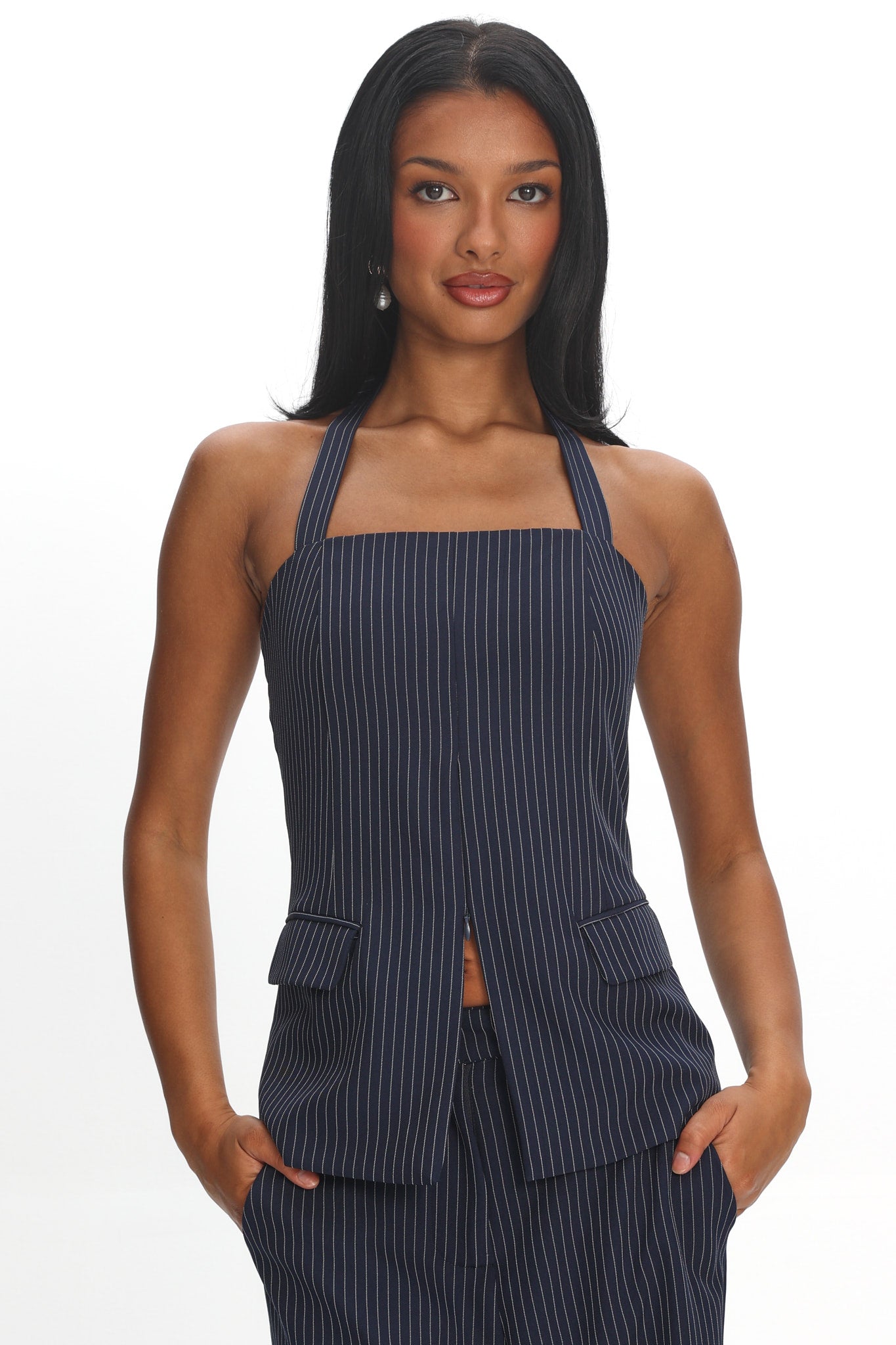 Like I Do Front Zip Halter Top Pinstripe Navy by Selfie Leslie Australia