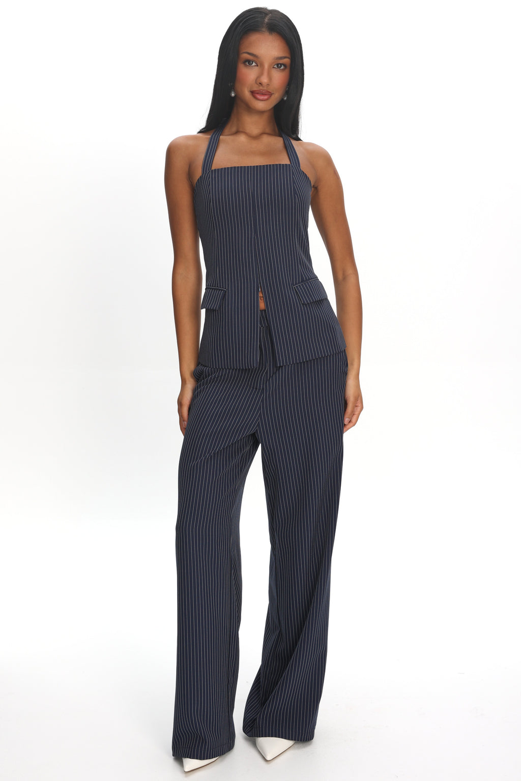 Like I Do Front Zip Halter Top Pinstripe Navy by Selfie Leslie Australia