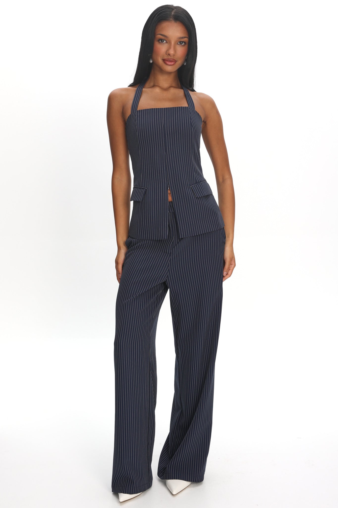 Like I Do Front Zip Halter Top Pinstripe Navy by Selfie Leslie Australia