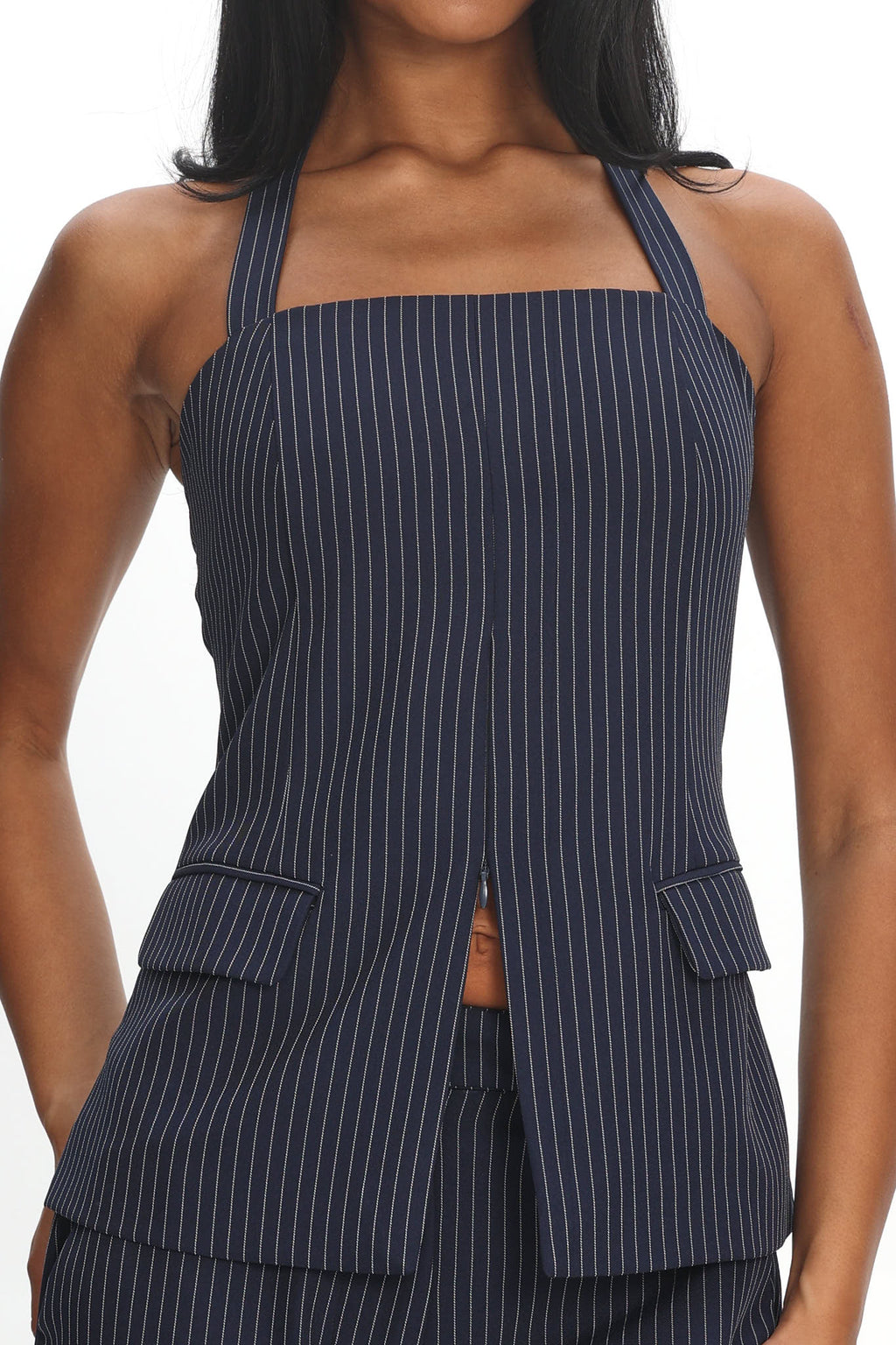 Like I Do Front Zip Halter Top Pinstripe Navy by Selfie Leslie Australia